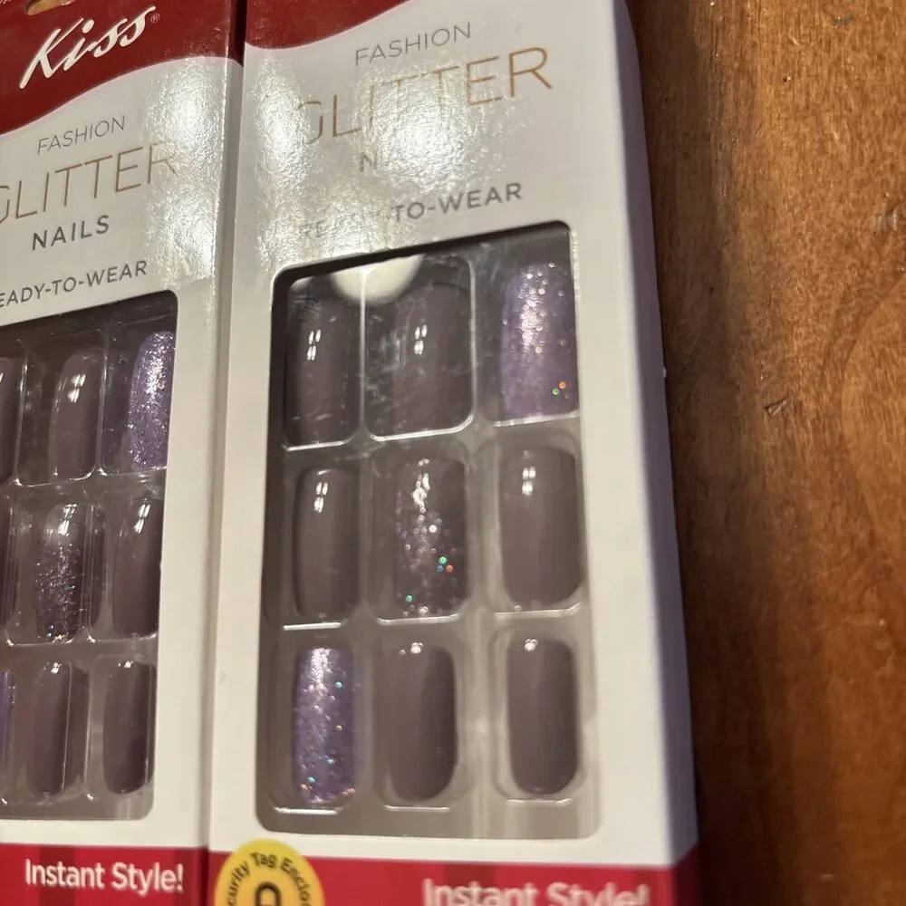 KISS NAILS GLUE ON Fashion Glitter Purple Medium LENGTH COFFIN BALLERINA SHAPE